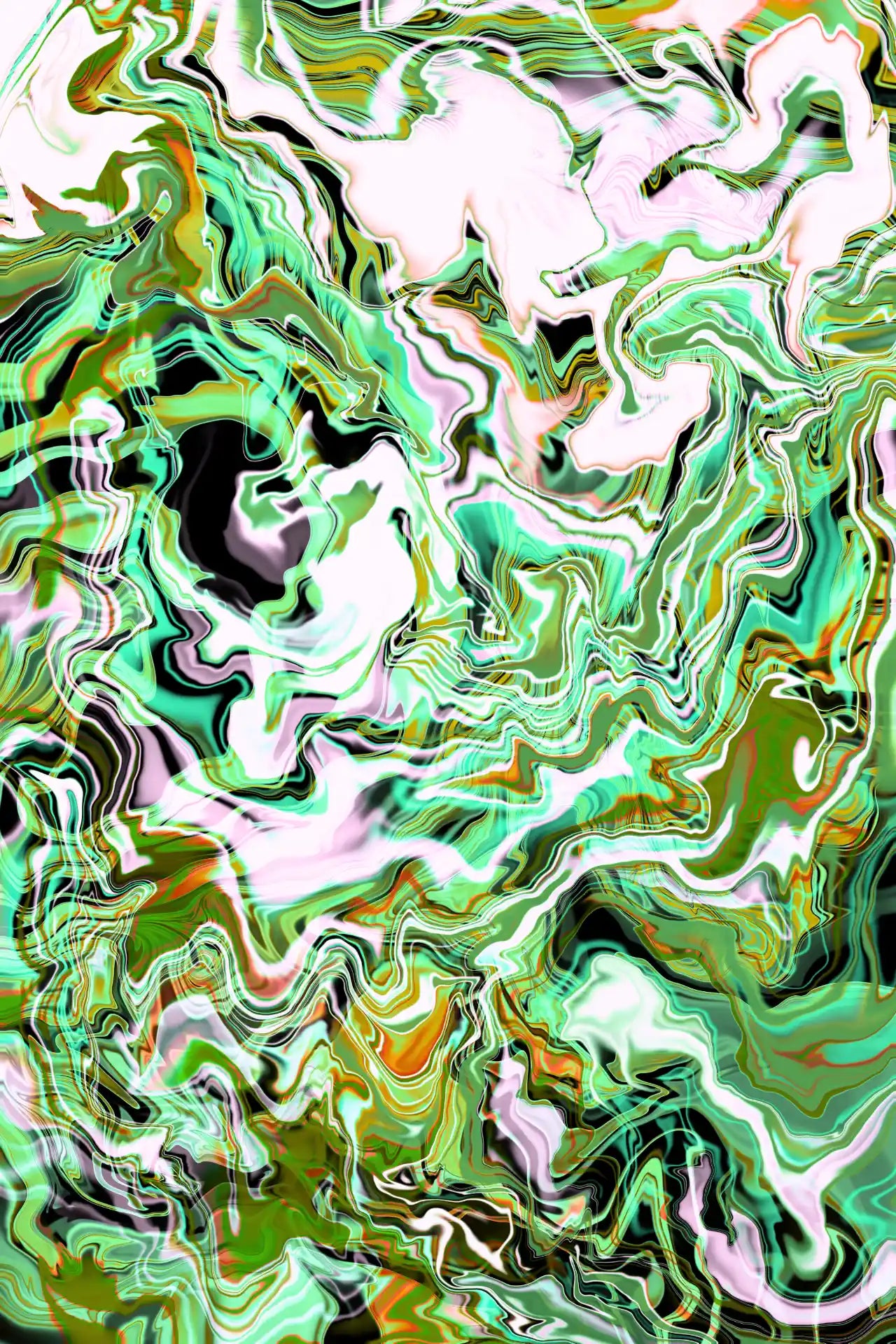 Abstract multicolored pattern with green, white, and black colors.