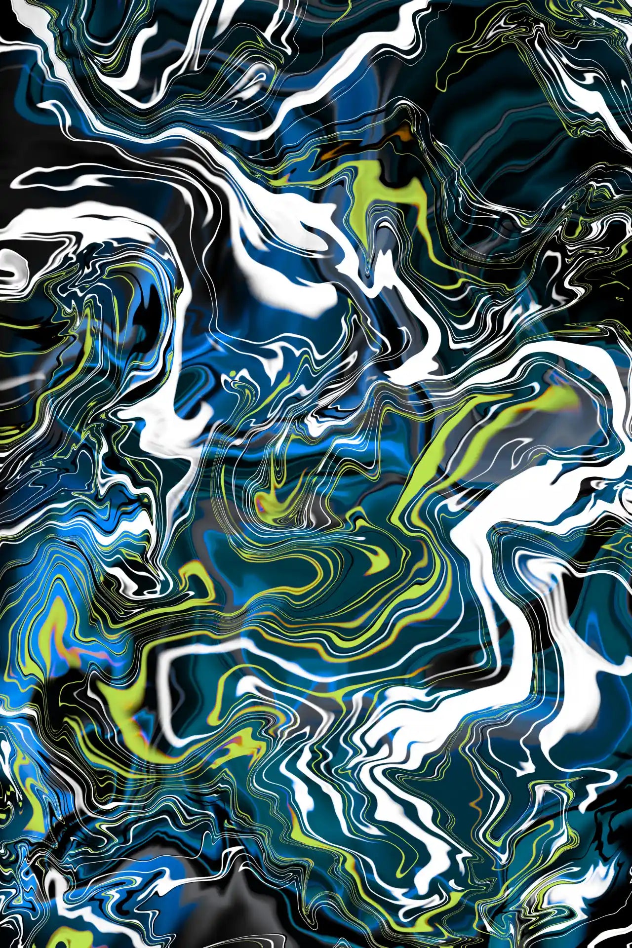 Abstract art with swirling colors of blue, green, and white on a dark background