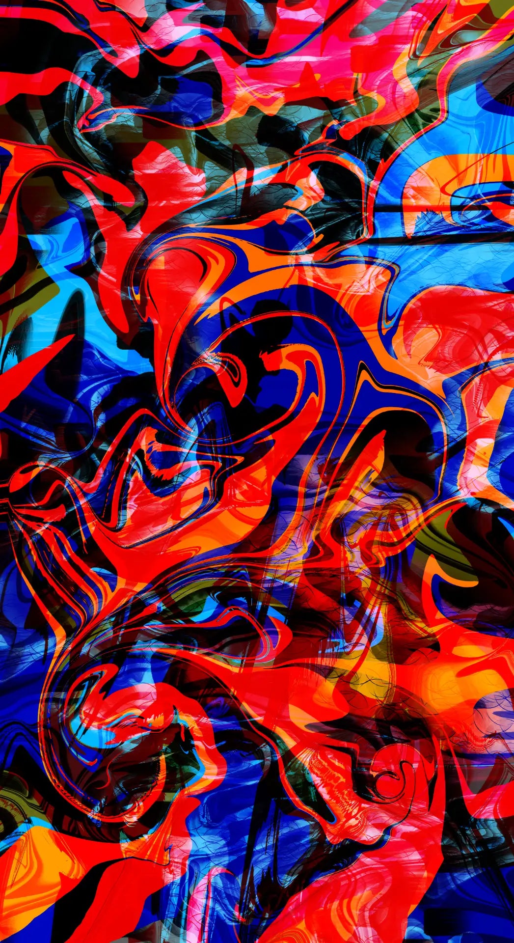 Abstract colorful pattern with swirling red, blue, and orange colors.