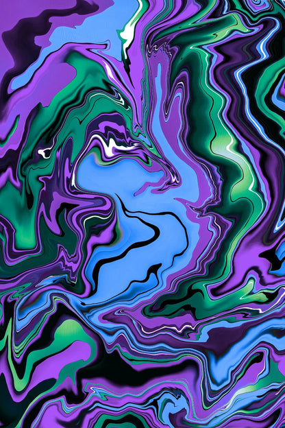 Abstract artwork with swirling colors of purple, green, and blue.