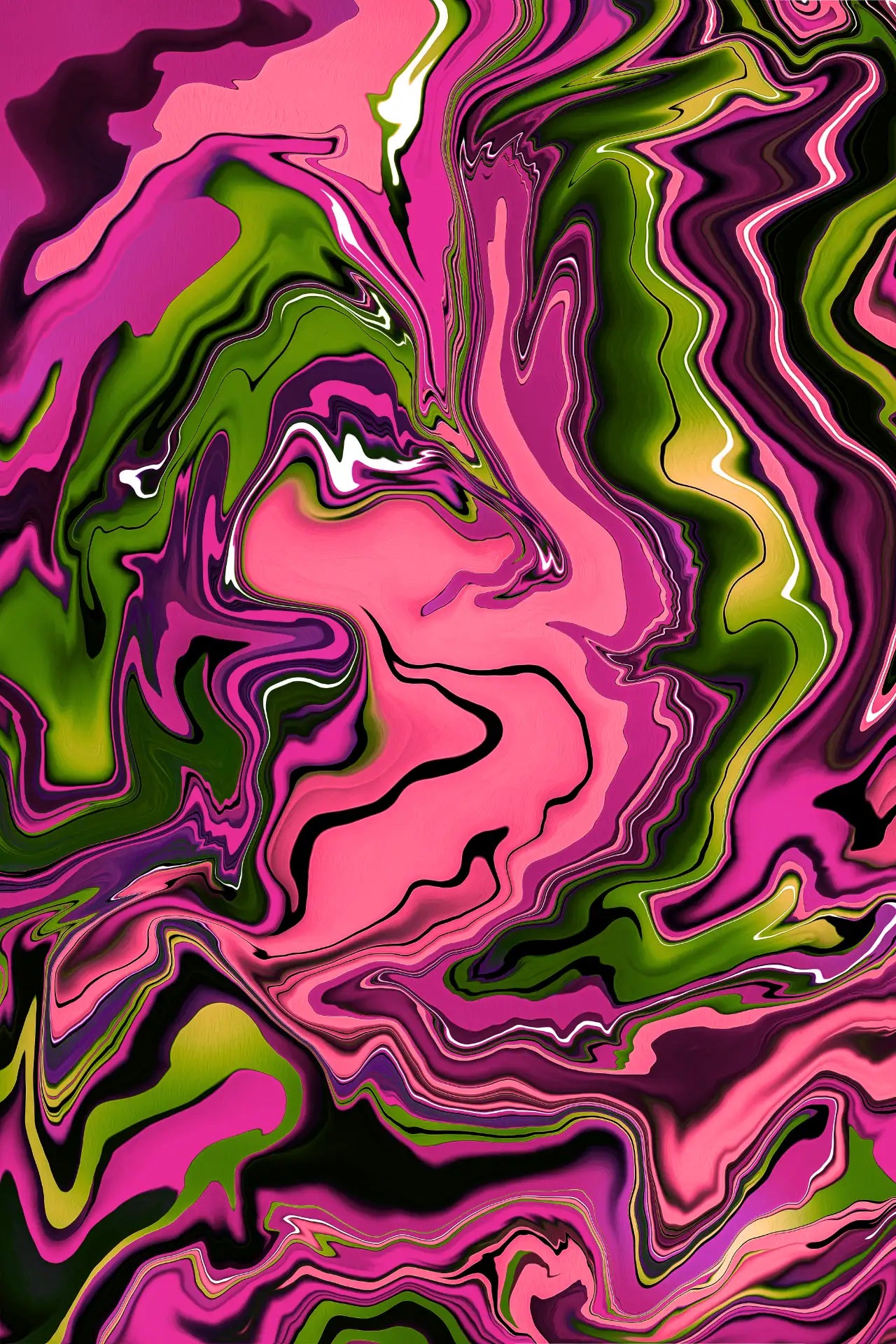 Abstract art with swirling pink, green, and purple colors