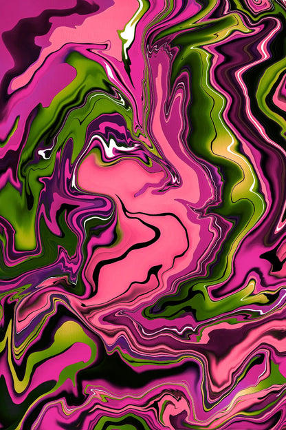 Abstract art with swirling pink, green, and purple colors