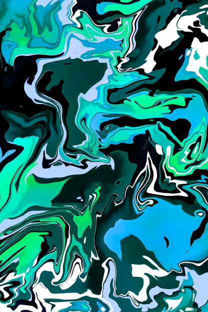 Abstract art with swirling green, blue, and black colors