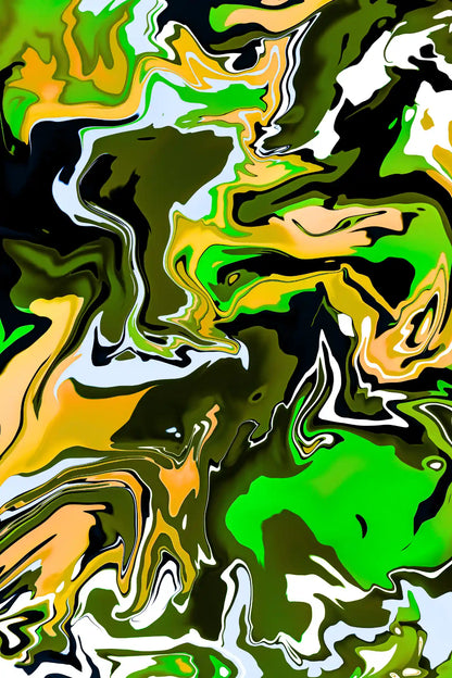 Abstract art with swirling patterns in green, yellow, and black.