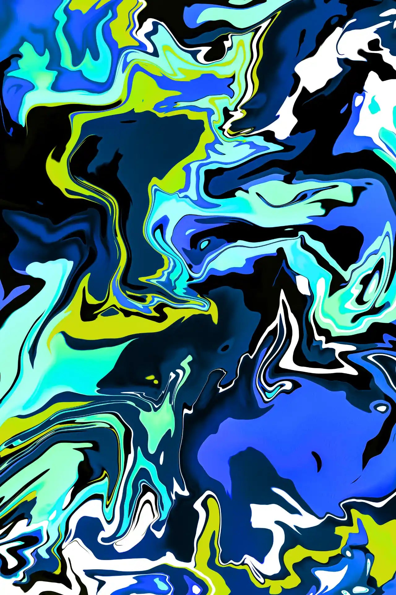 Abstract art with swirling blue, green, and yellow colors on a dark background