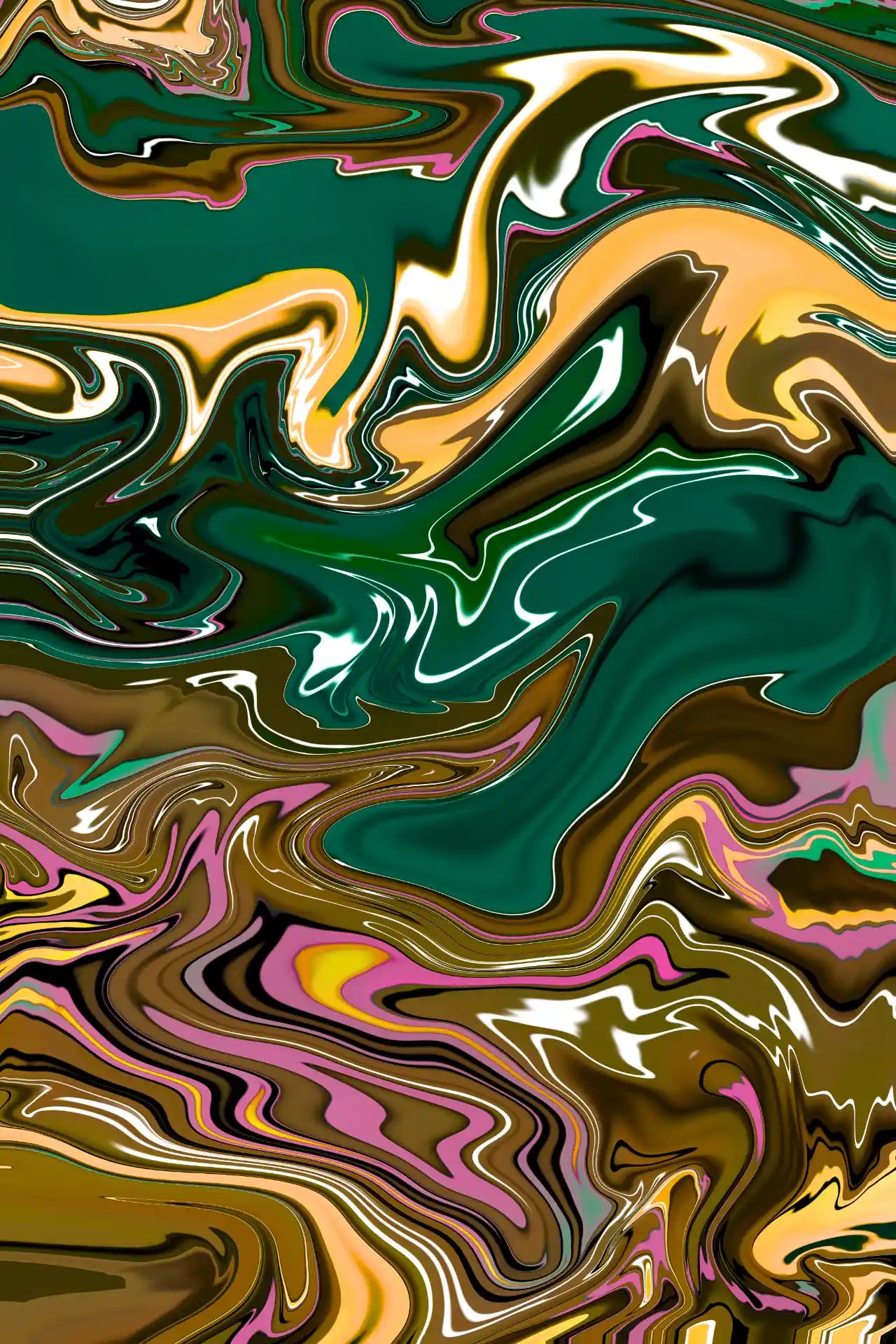 Abstract art with swirling colors in green, gold, brown, and pink.