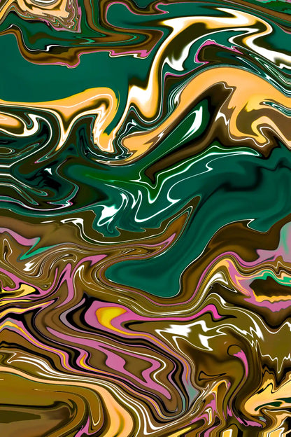 Abstract art with swirling colors in green, gold, brown, and pink.
