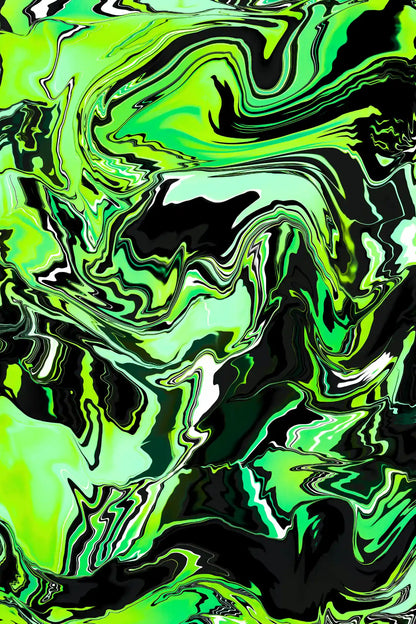 Abstract art with swirling green and black patterns