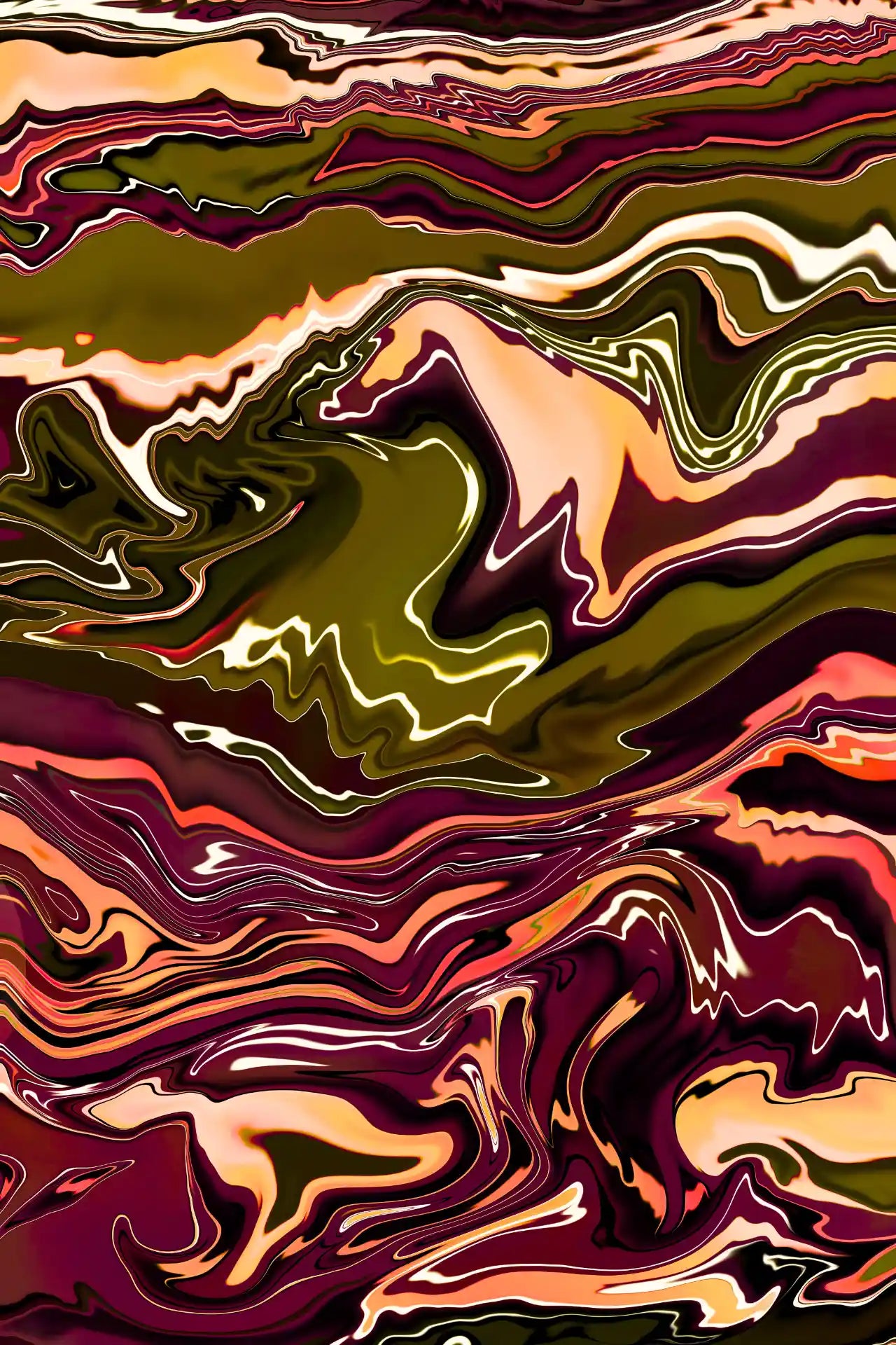 Abstract art with wavy patterns in brown, green, and orange.