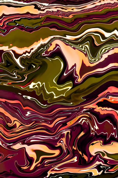 Abstract art with wavy patterns in brown, green, and orange.