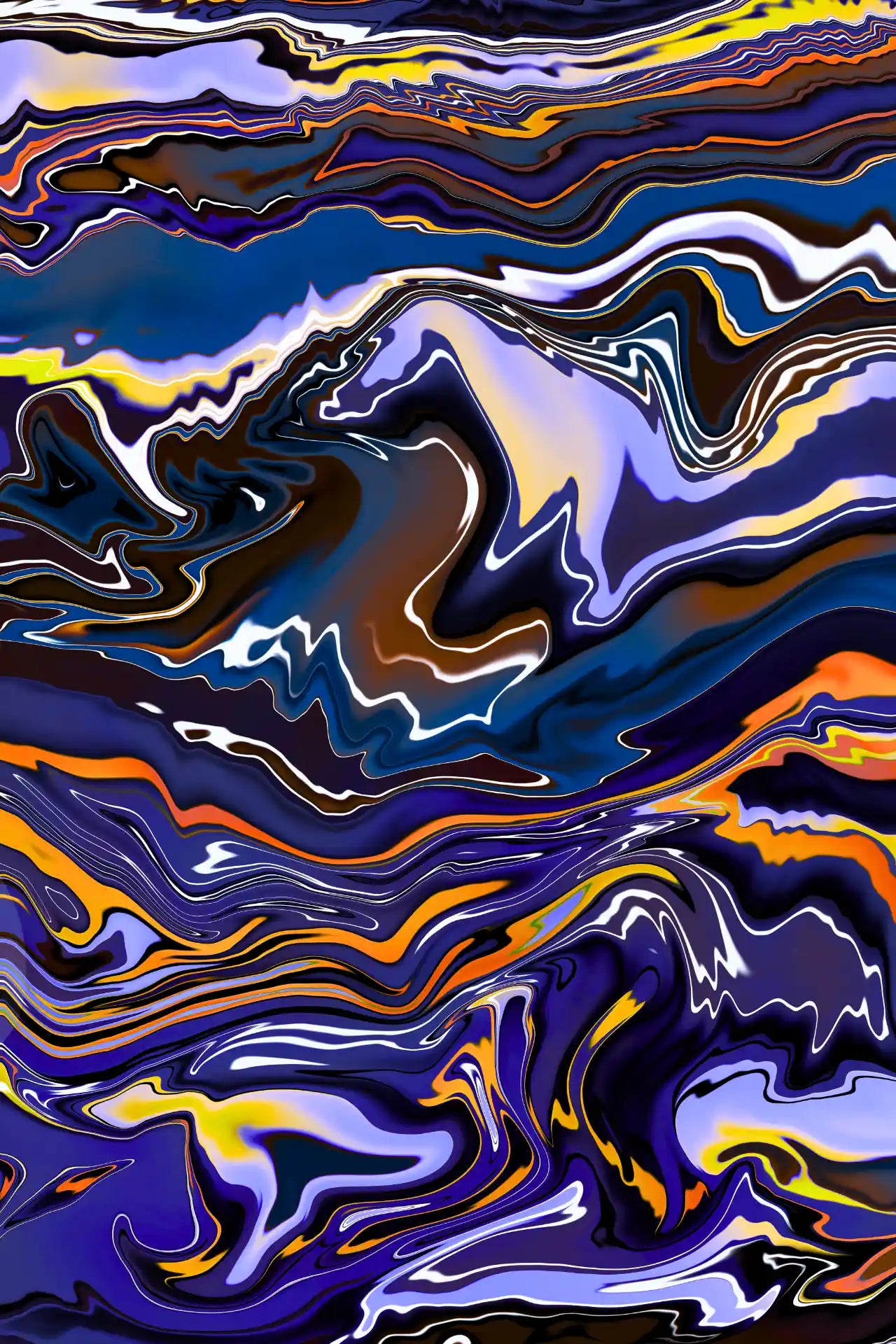 Abstract art with swirling colors in blue, purple, orange, and yellow.