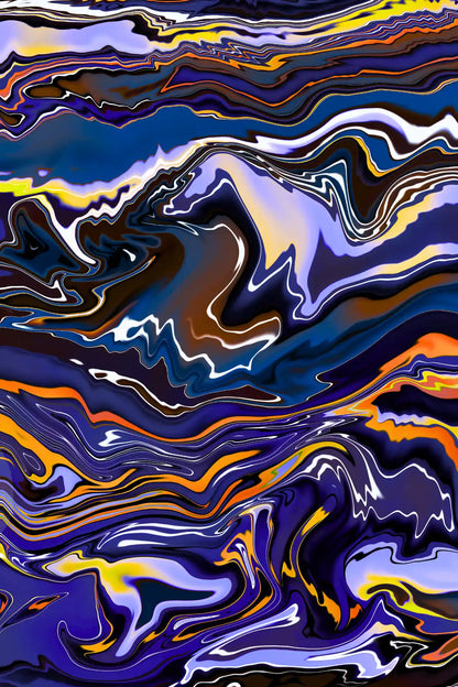 Abstract art with swirling colors in blue, purple, orange, and yellow.