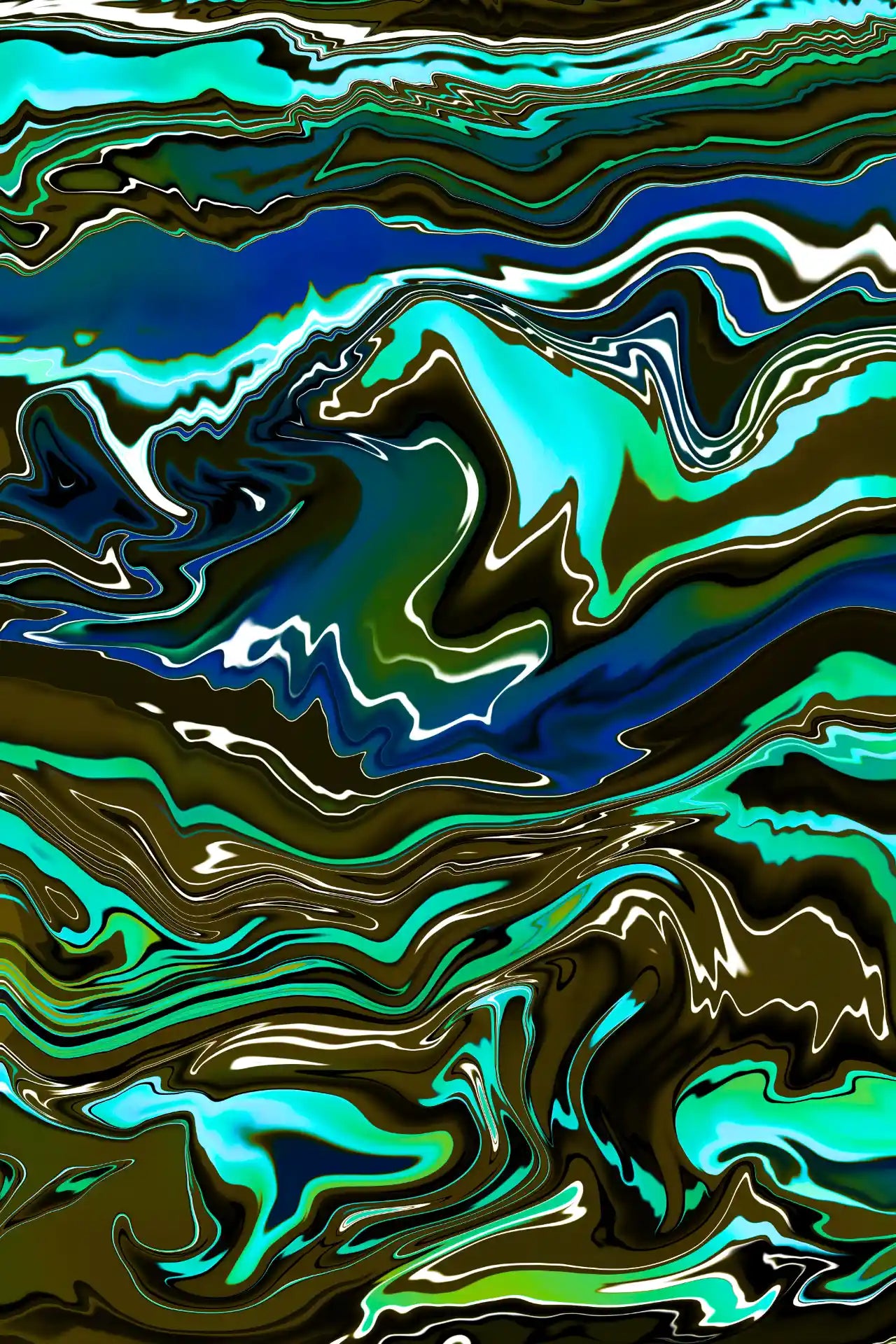 Abstract artwork with wavy patterns in blue, green, and brown.