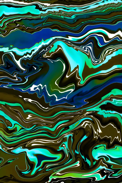 Abstract artwork with wavy patterns in blue, green, and brown.