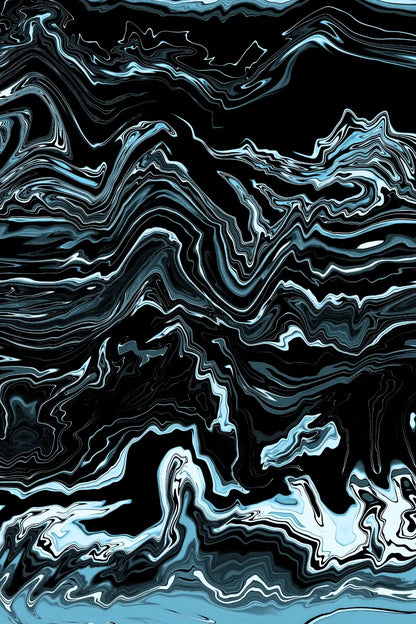 Abstract wavy pattern in black, white, and blue tones.