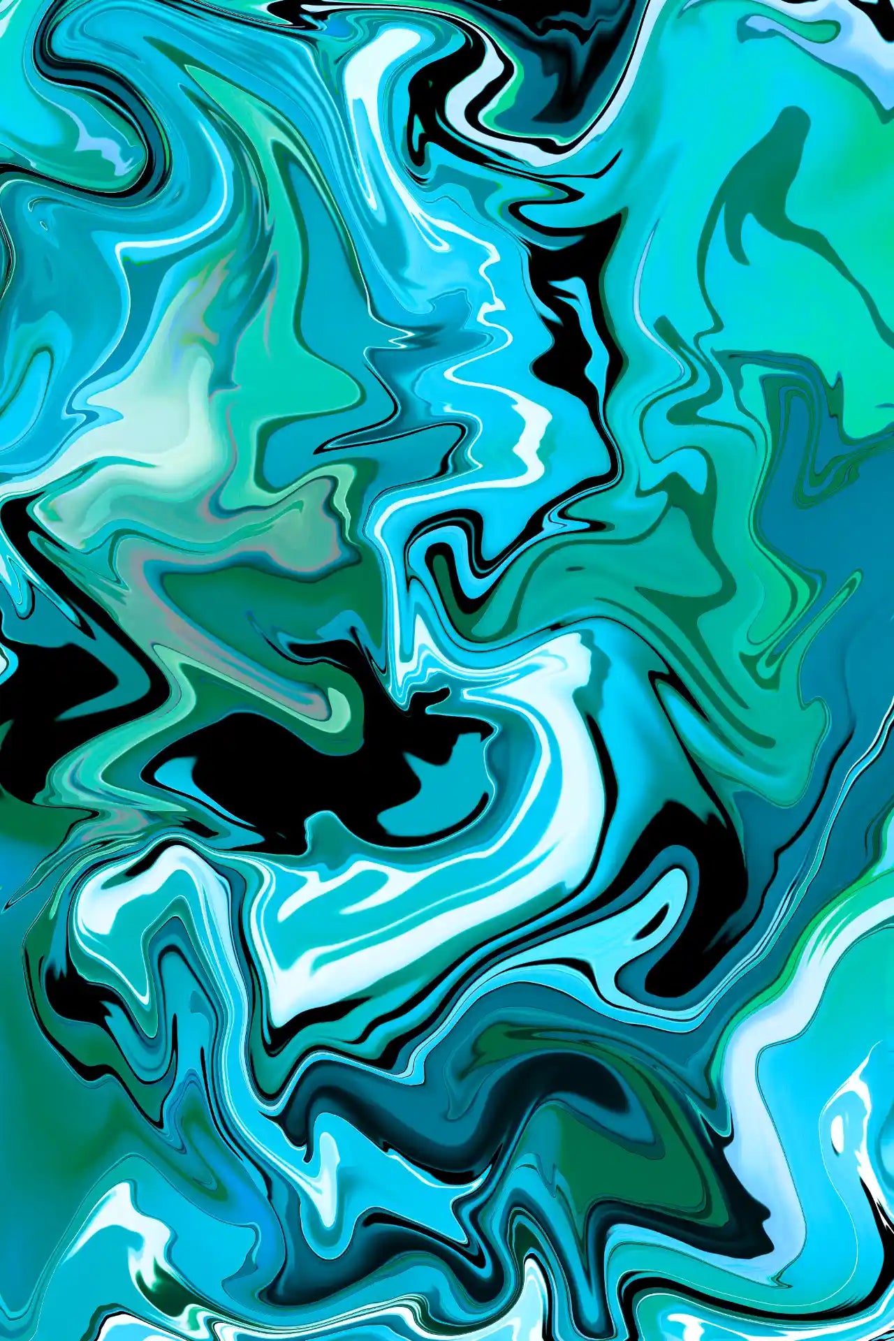 Abstract artwork with swirling green, blue, and black colors.