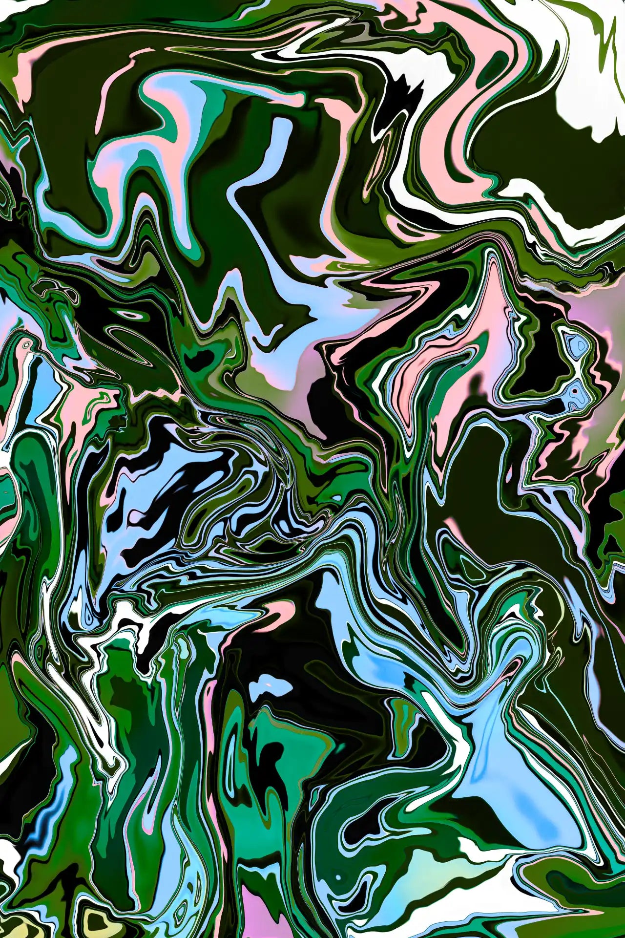 Abstract multicolored pattern with green, blue, and pink tones.