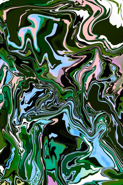 Abstract multicolored pattern with green, blue, and pink tones.