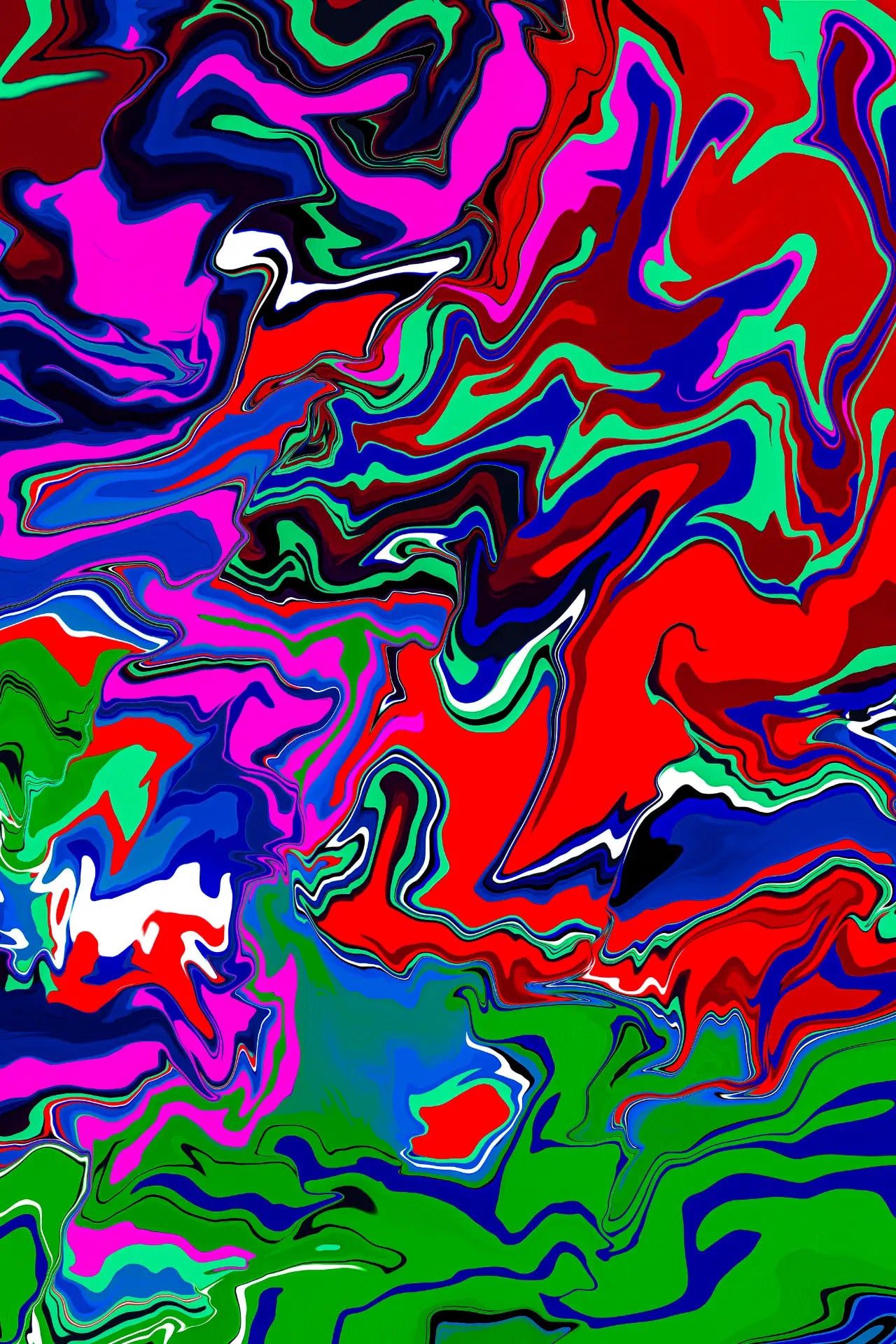 Abstract multicolored pattern with vibrant swirls of red, green, blue, and purple.