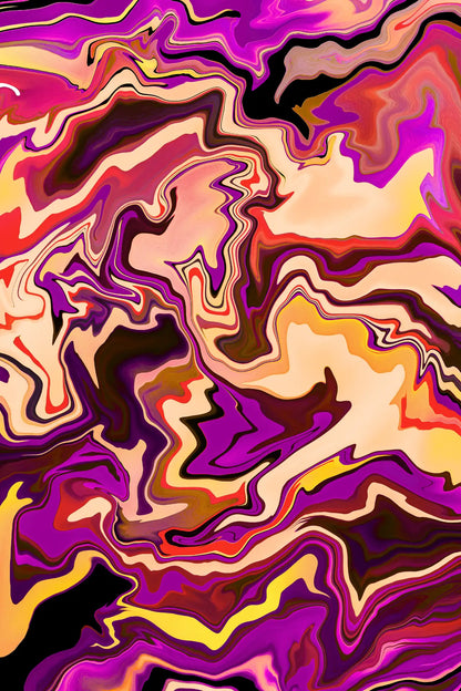 Abstract art with swirling colors in pink, purple, orange, and black.