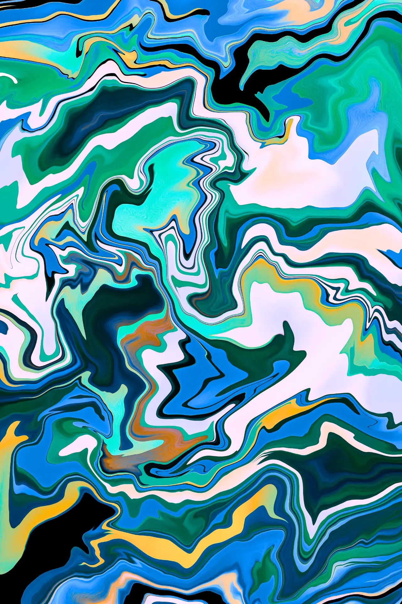 Abstract artwork with swirling colors in blue, green, and white.