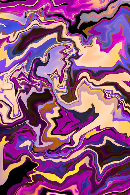 Abstract art with swirling colors in purple, yellow, and black.
