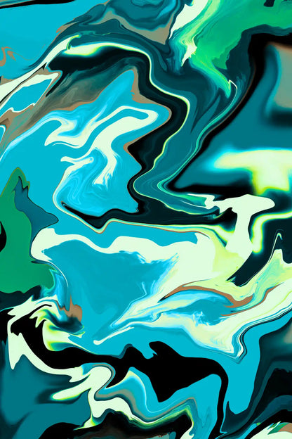 Abstract art with swirling colors in blue, green, and black.