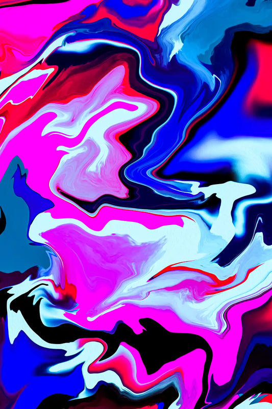 Abstract art with swirling colors of pink, blue, and black.