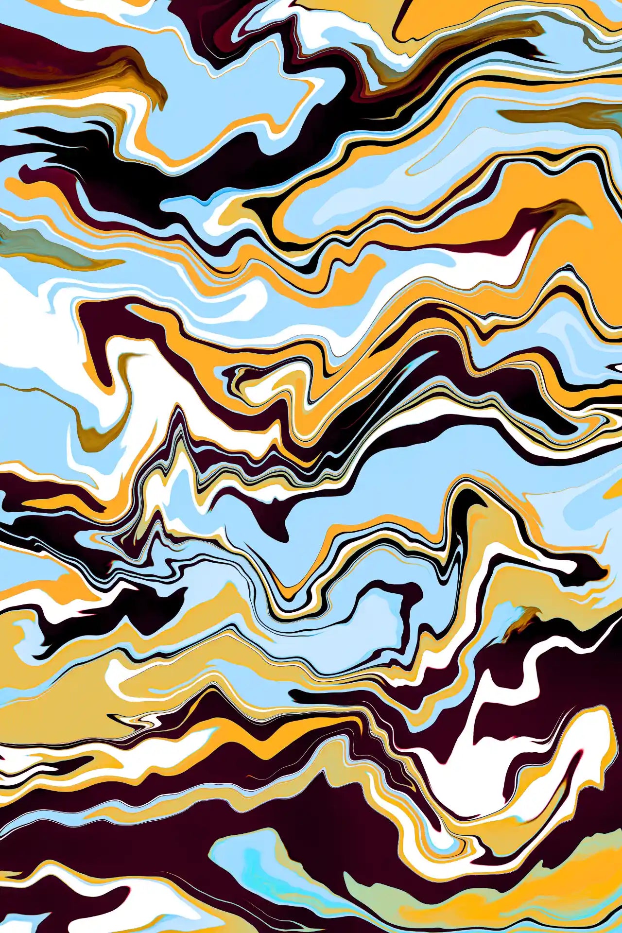 Abstract art with wavy patterns in brown, yellow, and blue.