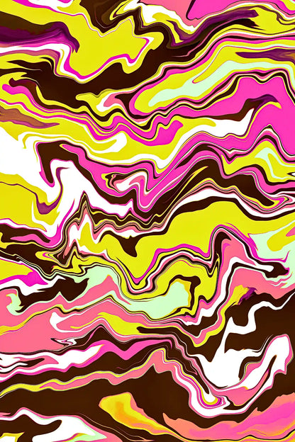 Abstract colorful pattern with wavy lines in pink, yellow, and brown.