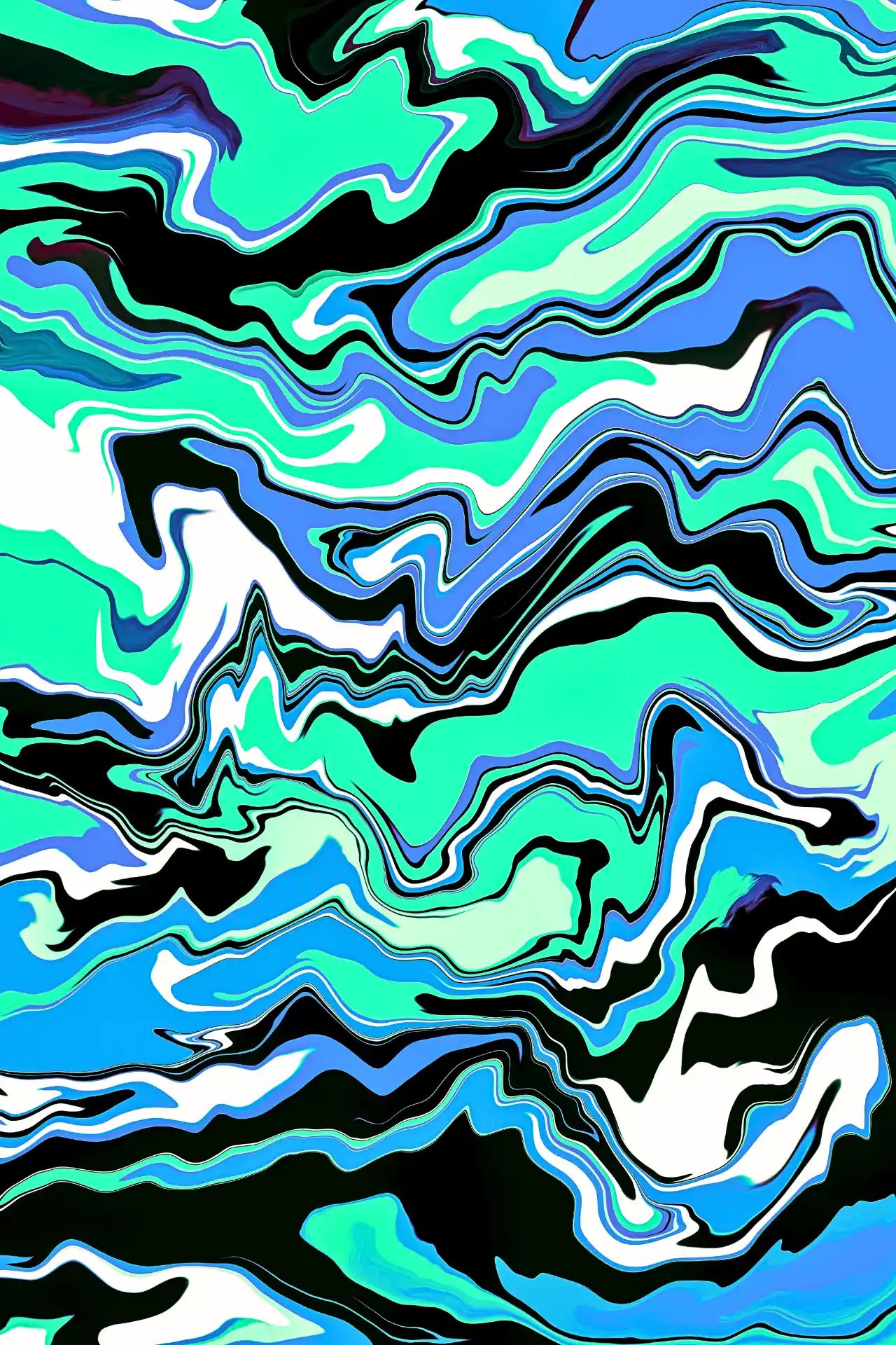 Abstract pattern with wavy lines in blue, green, and black.