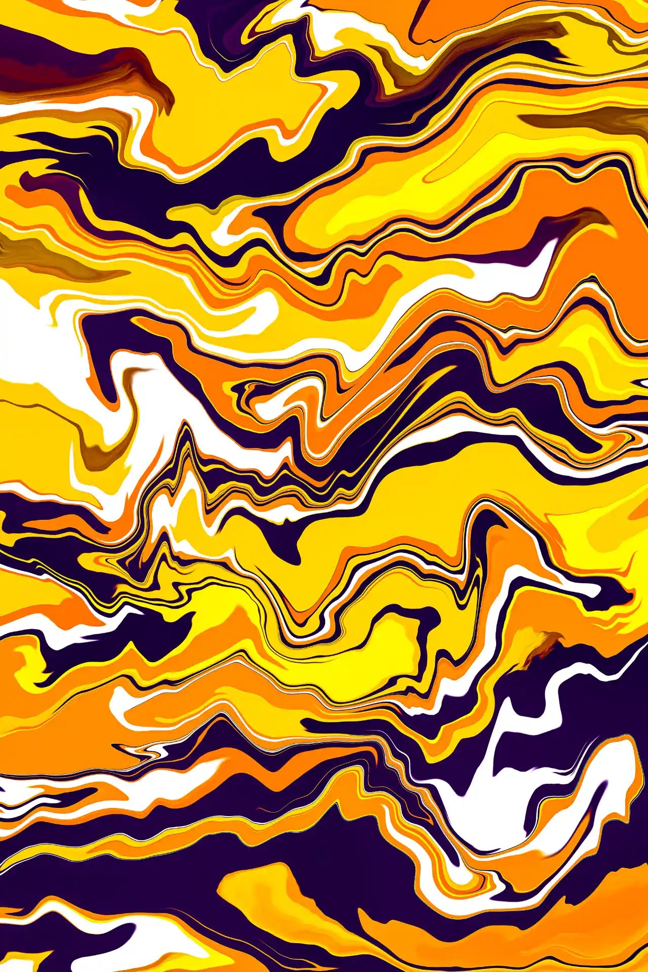 Abstract art with wavy patterns in yellow, orange, and purple on a white background
