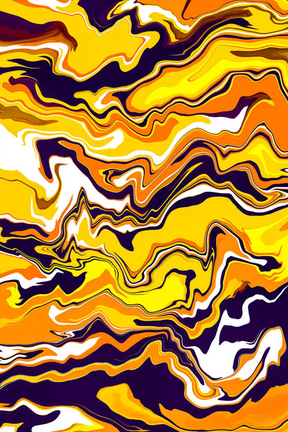 Abstract art with wavy patterns in yellow, orange, and purple on a white background
