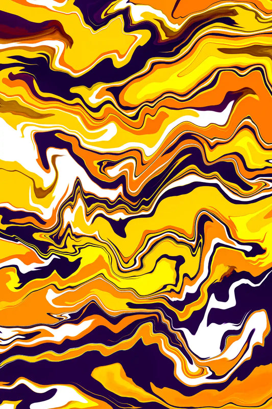 Abstract art with wavy patterns in yellow, orange, and purple on a white background