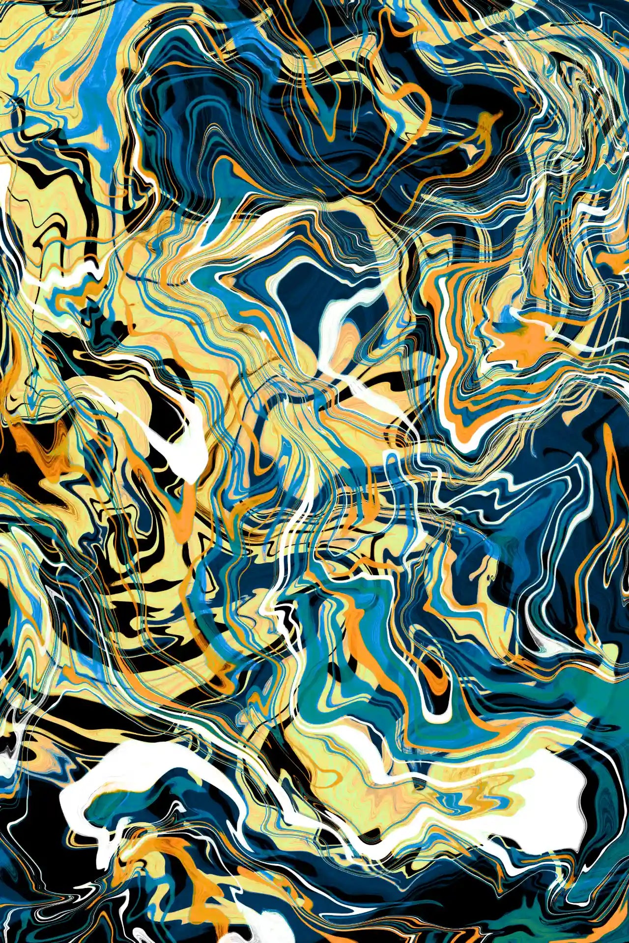 Abstract art with swirling blue, yellow, and black patterns