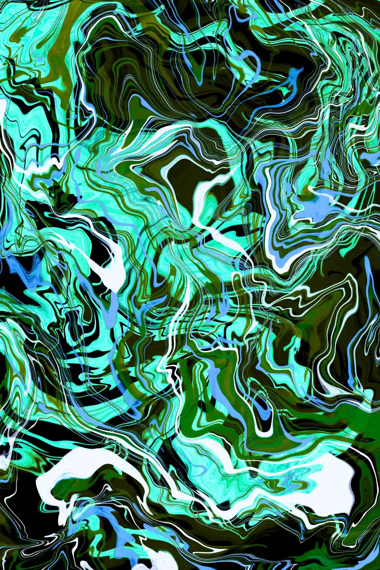 Abstract pattern with swirling green, blue, and white colors.