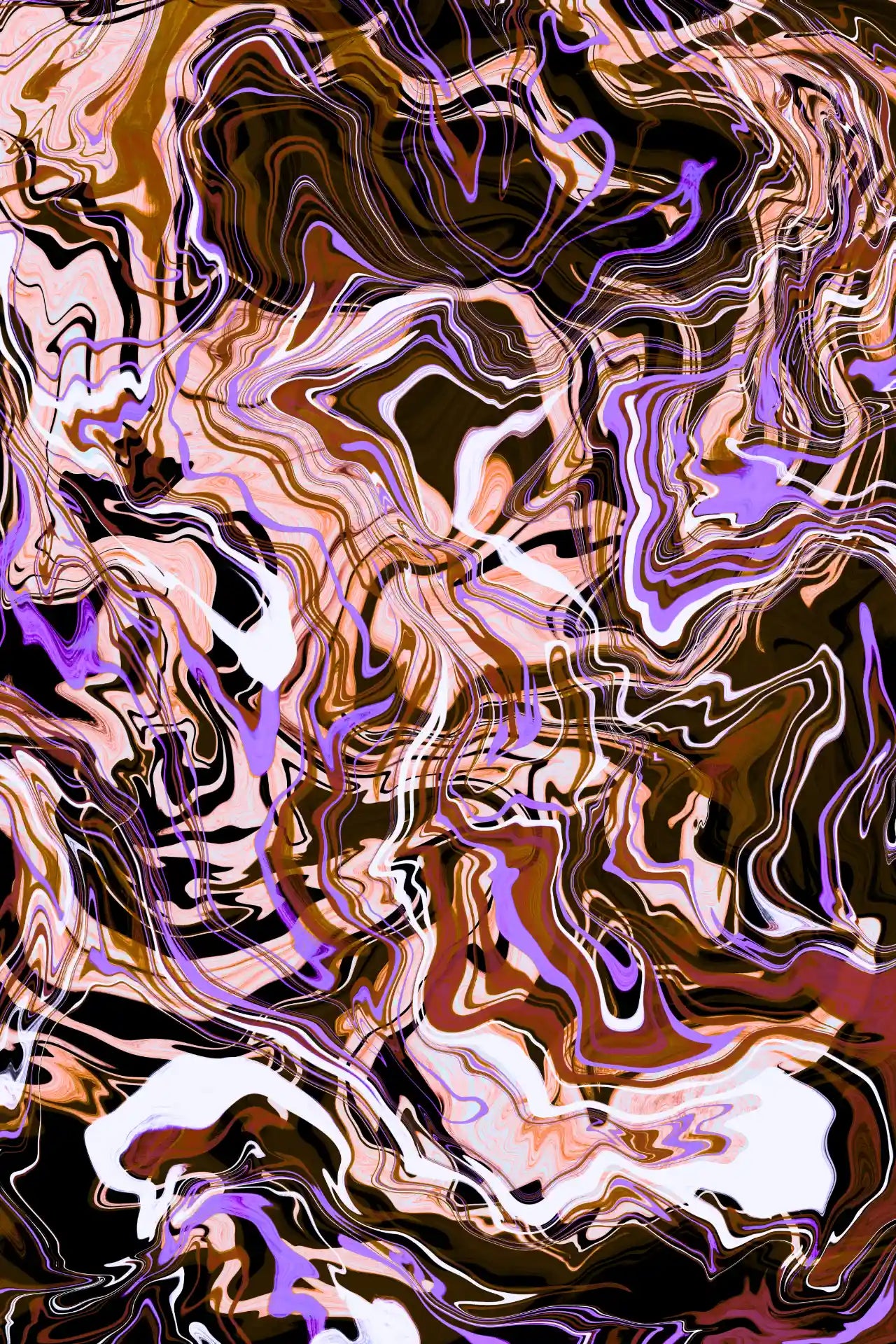 Abstract art with swirling patterns in brown, purple, and white on a dark background