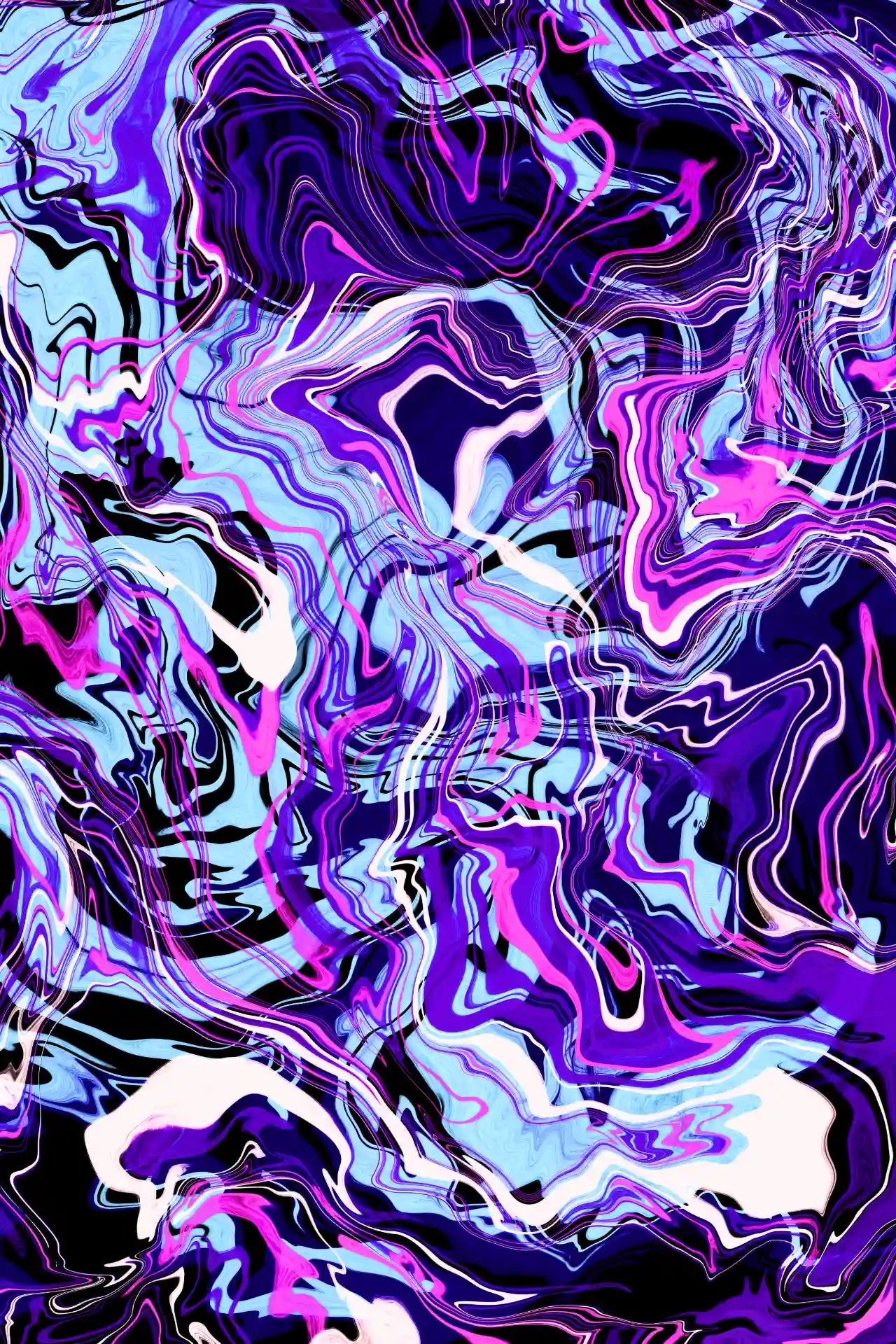 Abstract art with swirling patterns in purple, blue, and pink on a black background