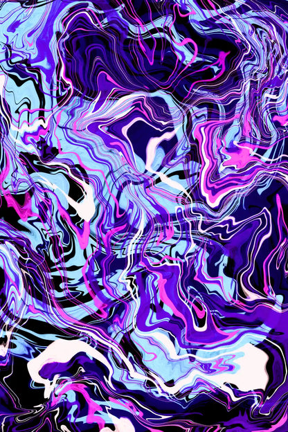 Abstract art with swirling patterns in purple, blue, and pink on a black background