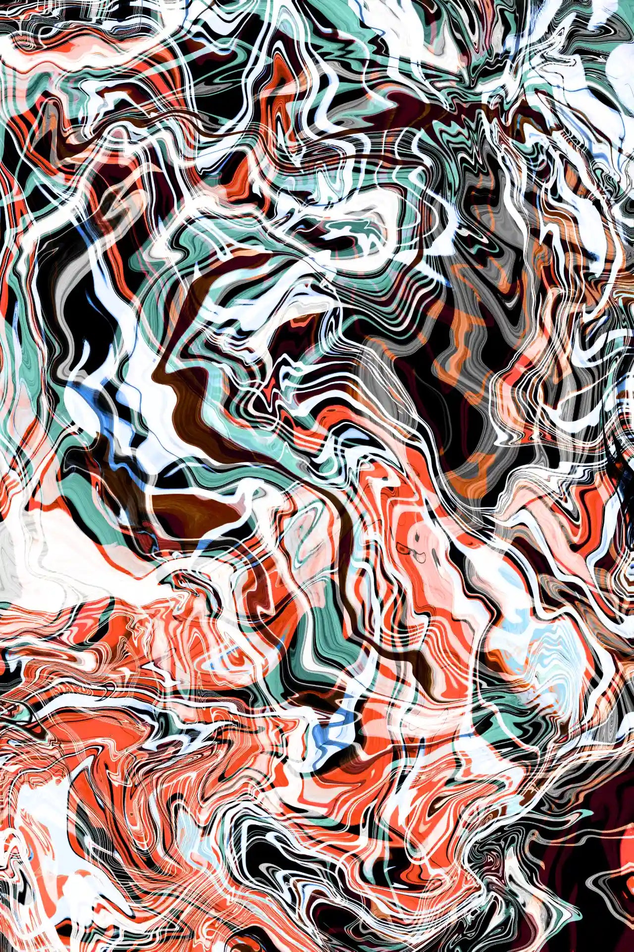 Abstract art with swirling patterns in red, white, black, and green.