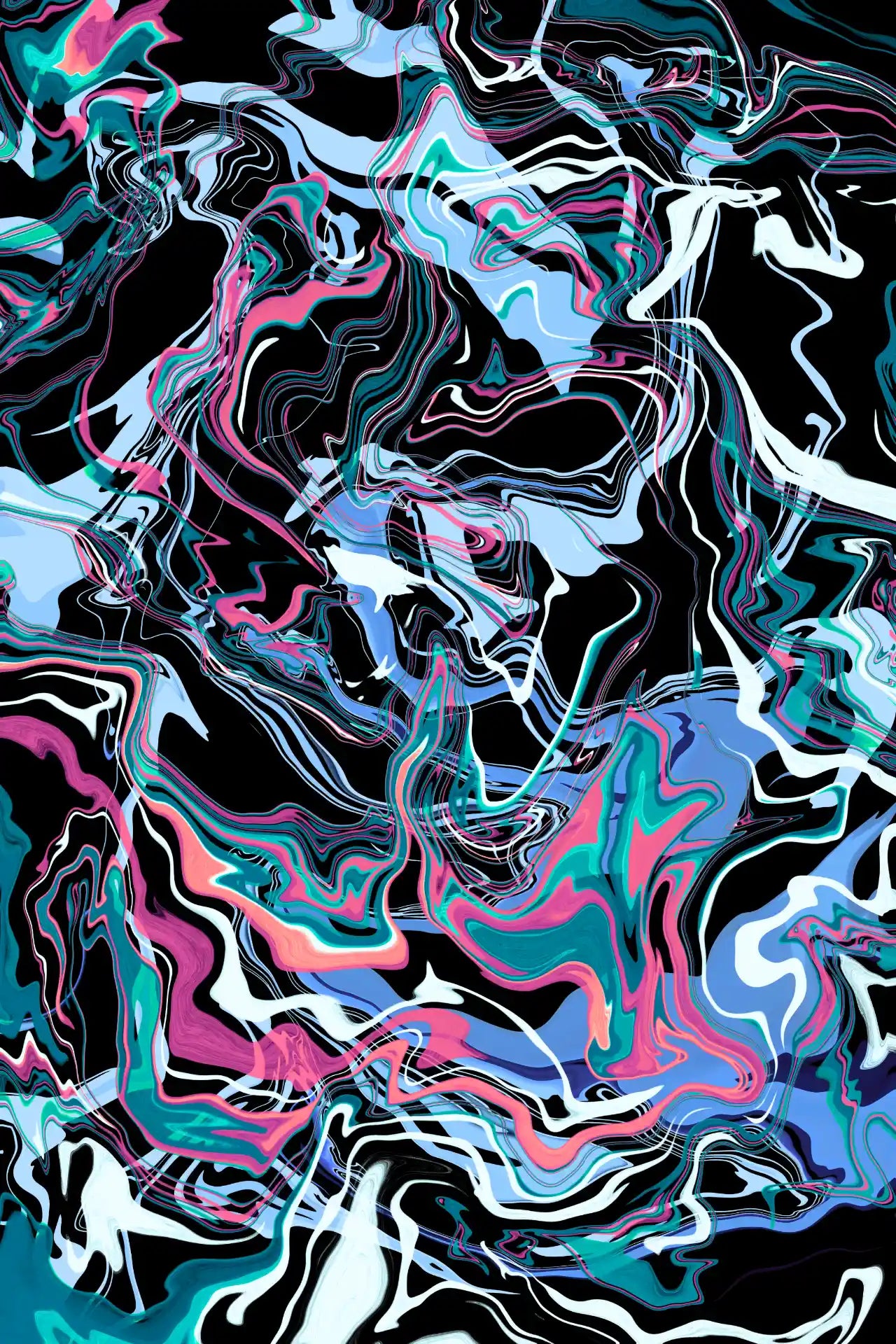 Abstract colorful pattern with black, blue, pink, and white on a dark background