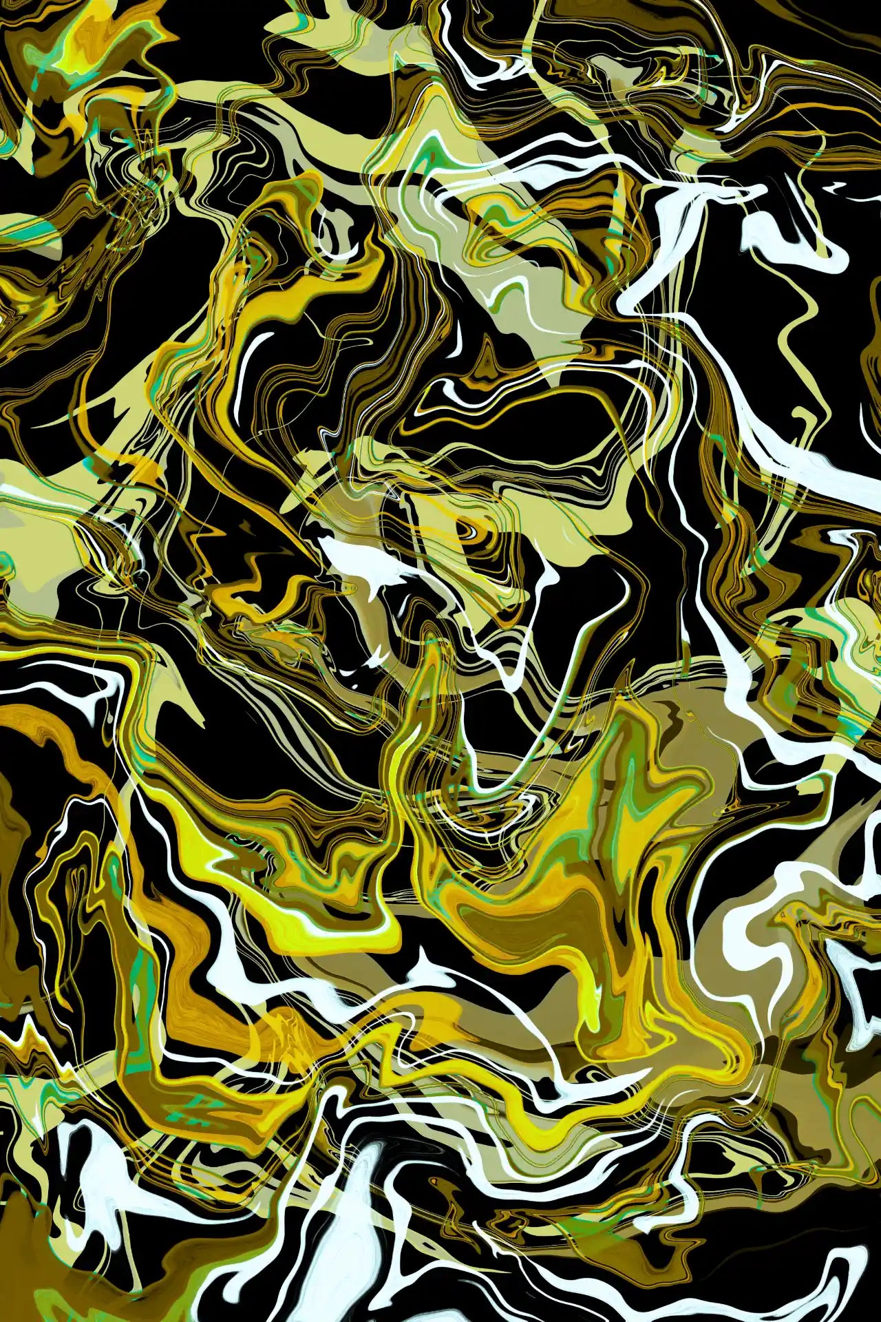 Abstract artwork with swirling patterns in yellow, black, and white.