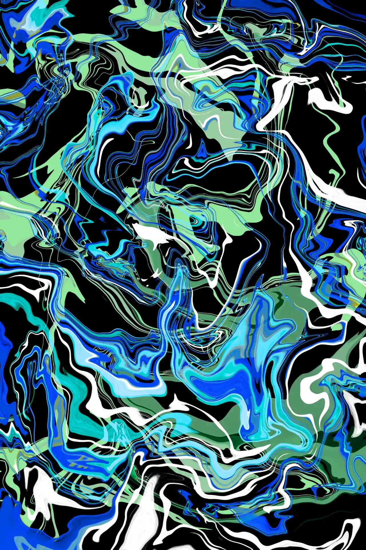 Abstract artwork with swirling blue, green, and black patterns on a black background