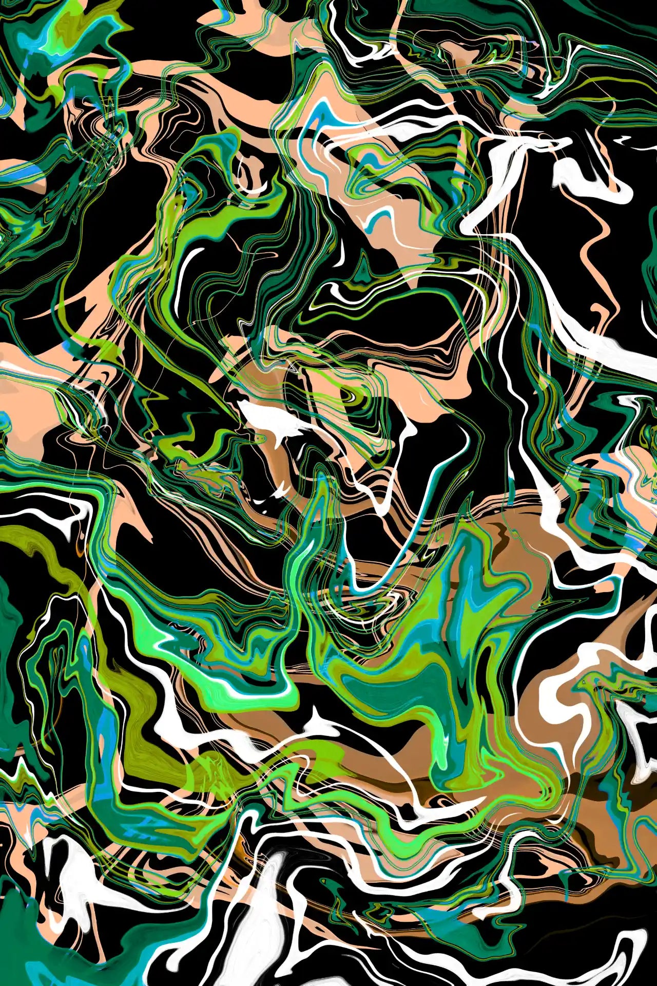 Abstract art with swirling green, black, and white patterns