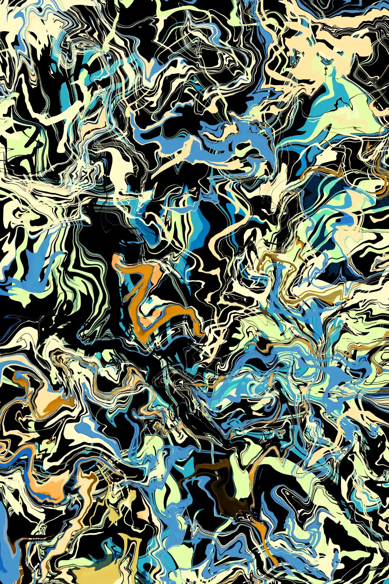 Digital pour artwork with fluid abstract patterns, smooth paint textures, and dynamic flowing movement.