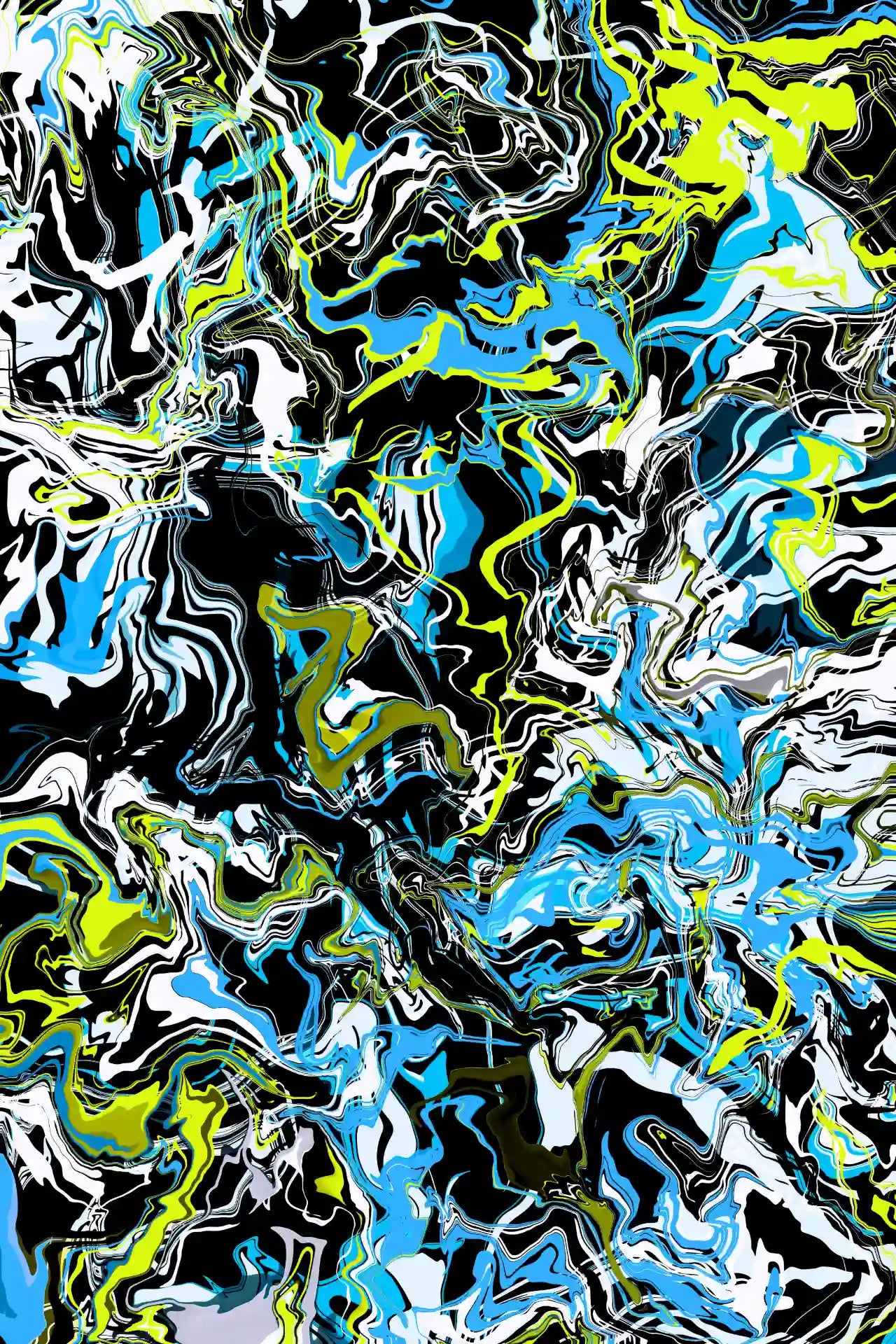 Abstract art with swirling patterns in blue, green, black, and white.