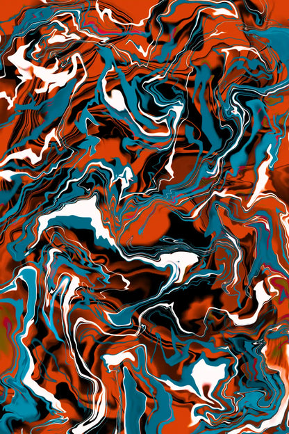Abstract art with swirling patterns in red, blue, and white.