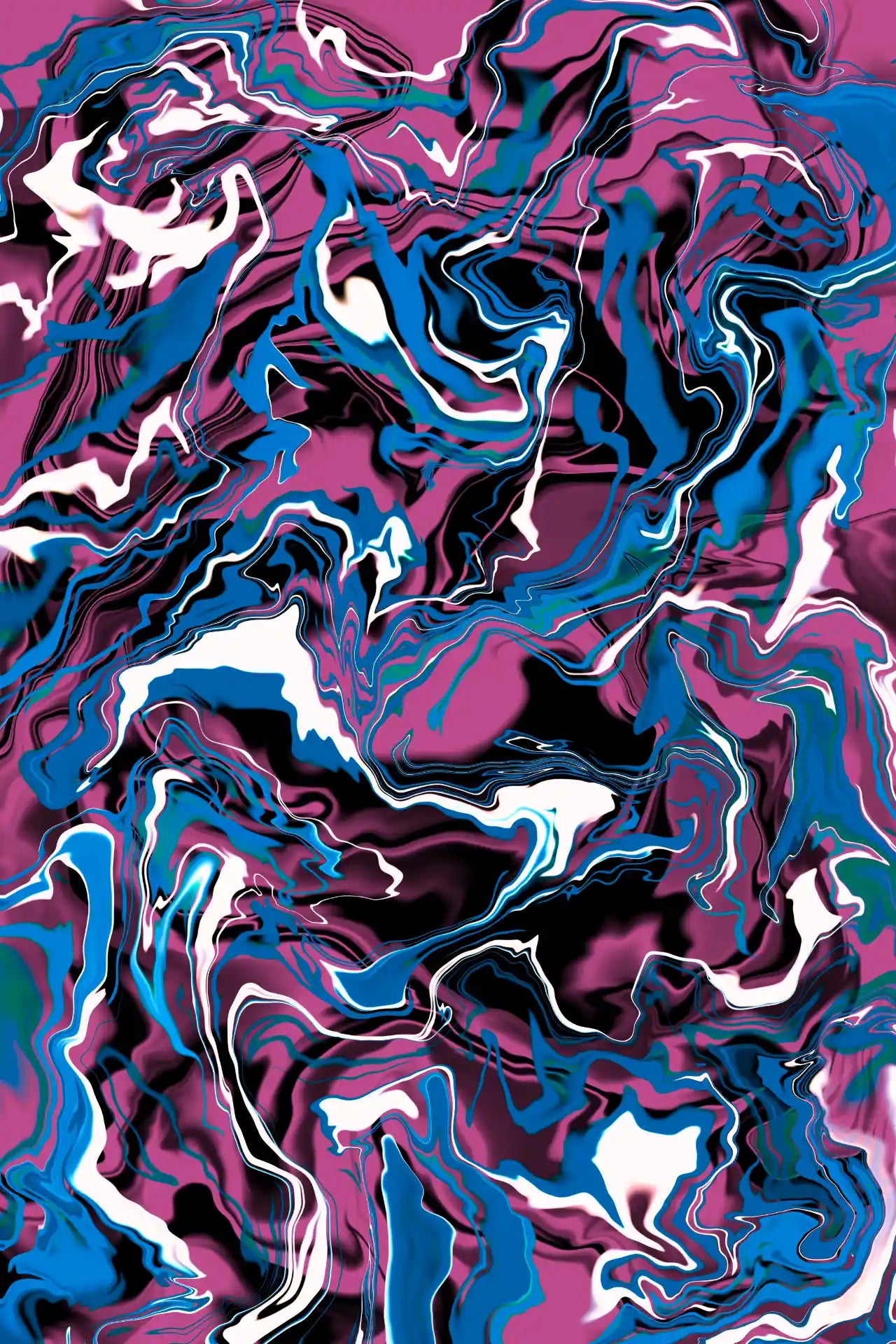 Abstract art with swirling patterns in blue, pink, and white on a dark background