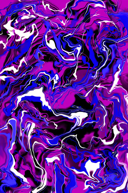 Abstract art with swirling patterns in purple, blue, and white on a dark background