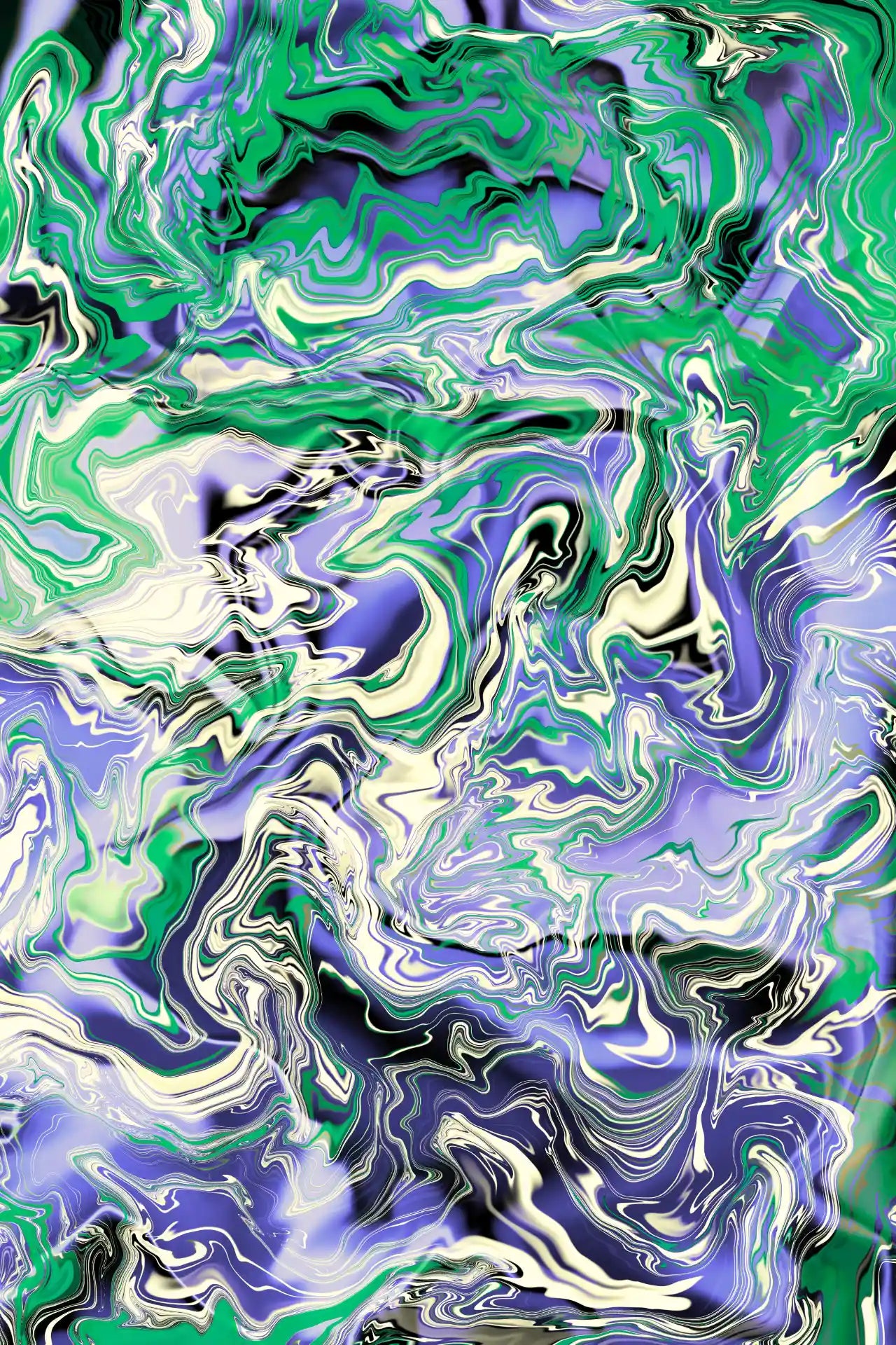 Abstract art with swirling green, blue, and white patterns